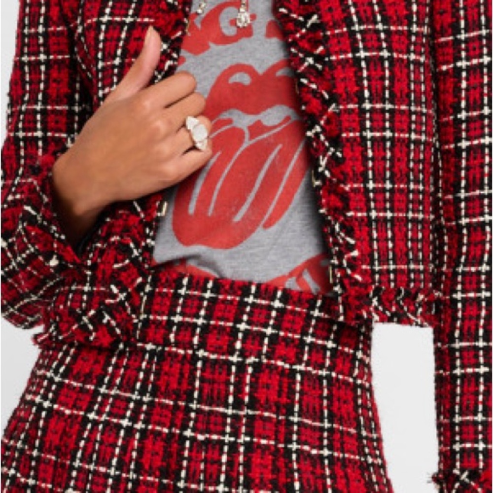 Alice and Olivia Red Plaid Tweed Jacket and Skirt Set - Picture 3 of 8